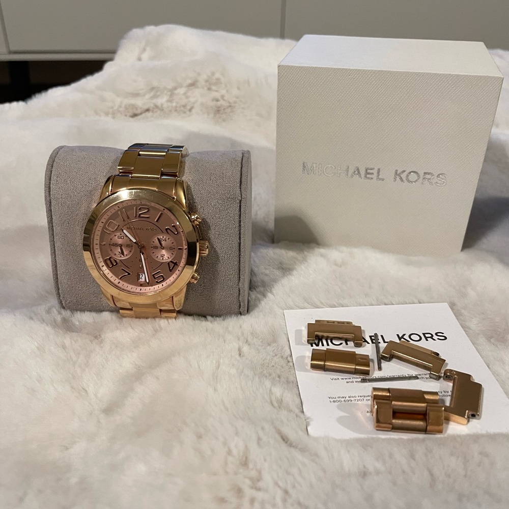 Michael Kors Mercer Rose Gold Tone Steel Salmon Dial Quartz Ladies Watch MK5727